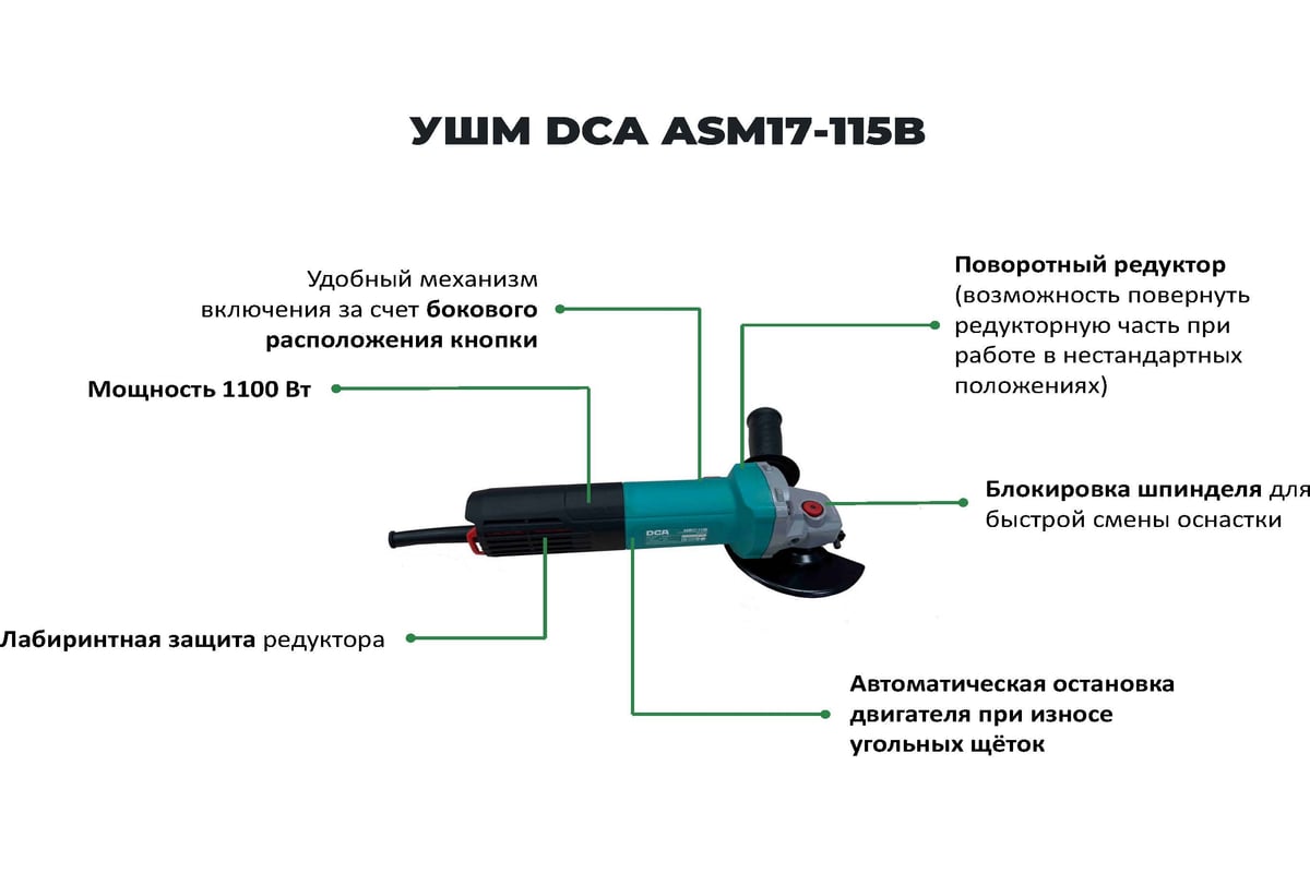 Угловая шлифовальная машина DCA ASM17-115B - выгодная цена, отзывы,  характеристики, фото - купить в Москве и РФ