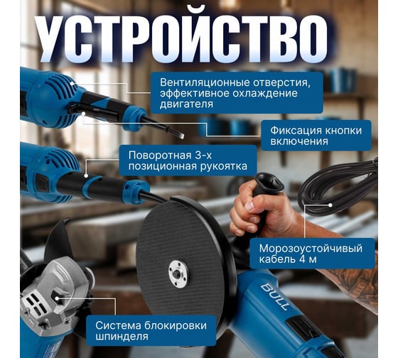 Двуручная углошлифмашина BULL WS 2303 в коробке, 2200 Вт, 230 мм, 6600 об/мин, пылезащ., 4 м кабель 1333621