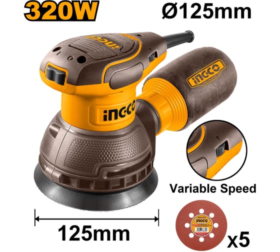 Эксцентриковая шлифмашина INGCO INDUSTRIAL 320 Вт, 125 мм RS3216