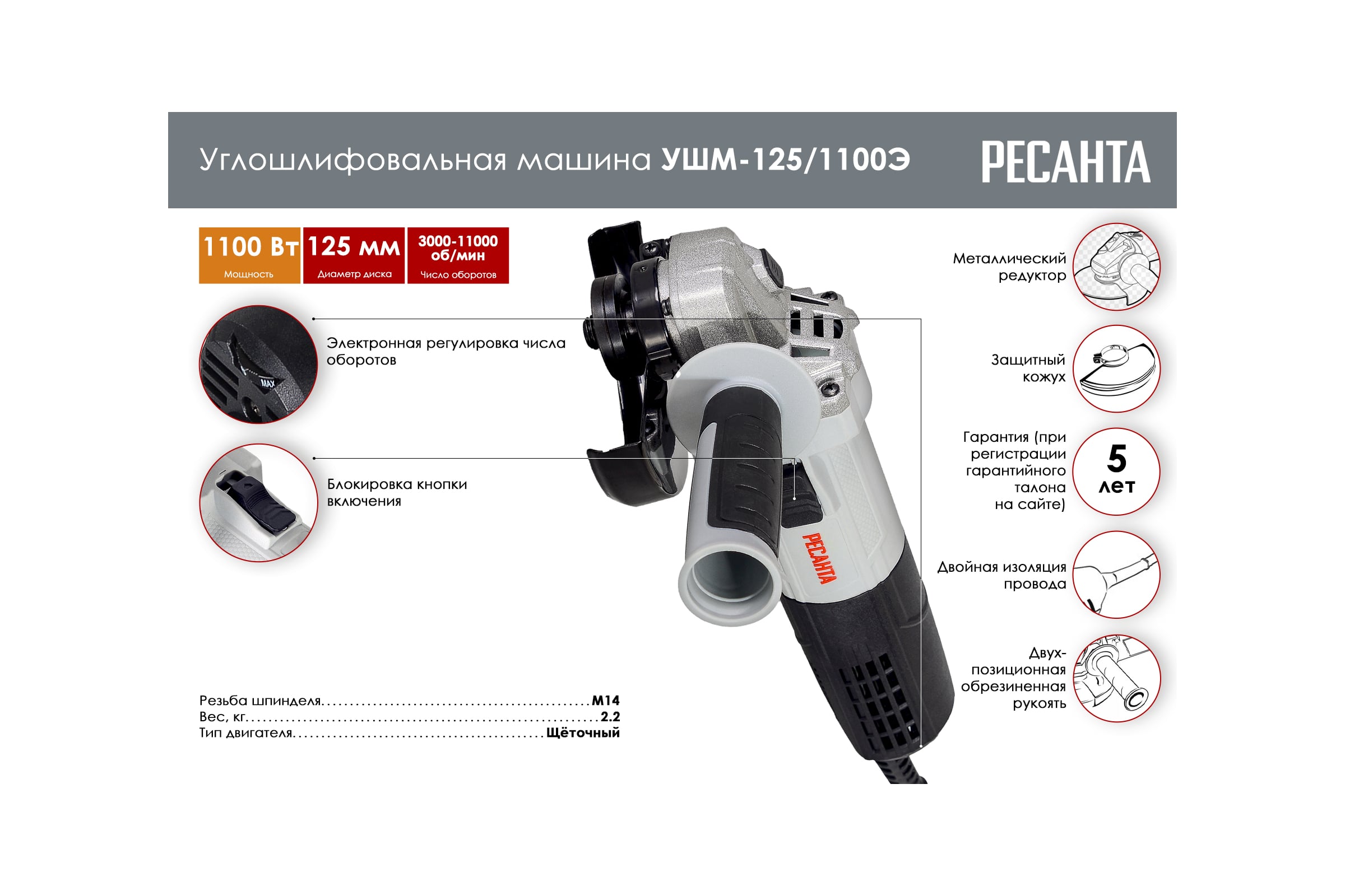 Углошлифовальная машина Ресанта УШМ-125/1100Э 75/12/10 — фото 3