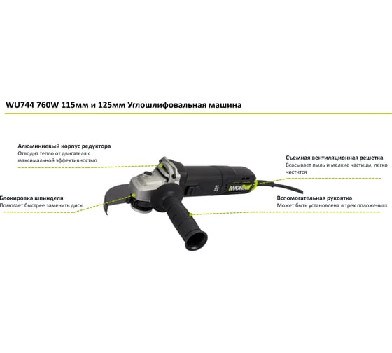 Угловая шлифмашина WORX Professional 760 Вт, 115/125 мм WU744