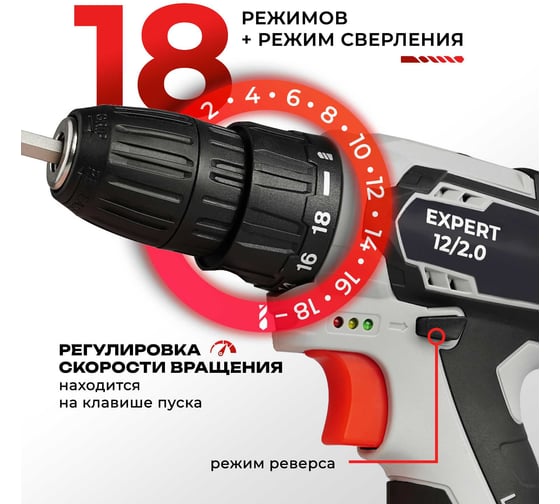 Аккумуляторная дрель-шуруповерт Electrolite Expert 12/2.0 по дереву и металлу, с набором, 12 В, 2.0 Ач емкость, 2 скорости, 2 аккумулятора Li-Ion, кейс, быстрозажимной патрон 3344