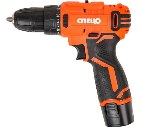 Аккумуляторная дрель Спец БДА-12-1, 12 В,1 аккум. х 2 Ач, Ли-Ион, 0-750 об/мин, 18 Нм, реверс, регулировка крут. момента, подсветка, зарядка 3-5 час, цв.коробка СПЕЦ-4104