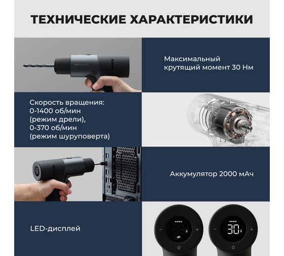 Аккумуляторная дрель-шуруповерт HOTO 12v brushless dril, серый HTE0011GL