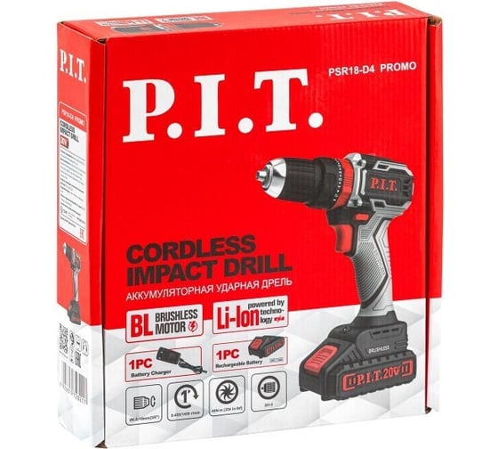 Аккумуляторная бесщеточная дрель P.I.T. 20 В, 1 Li акк. 1.5 Ач, 40 Нм, ударн., фикс. шпинд., кор. PSR18-D4 Promo