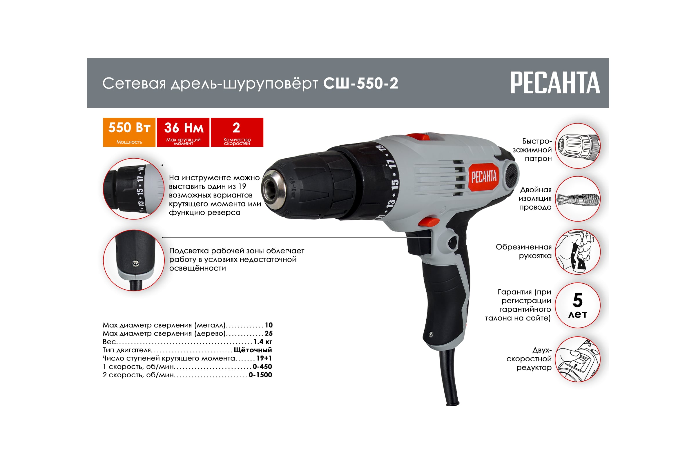Сетевая дрель-шуруповерт Ресанта СШ-550-2 75/16/1 — фото 3