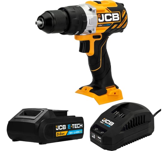 Дрель-шуруповерт JCB аккумуляторная (-18CD-B-E) 18V, max 45Nm в комплекте с зарядным устройством (-18VFC-E) 2.4A и батареей аккум(-20LI-E) 2.0AH JCB-18CD-2XB-E(57236)