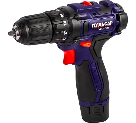 Аккумуляторная безударная дрель ПУЛЬСАР ДА 12-23 12В, 23 Hm, Li-on, 1,5 Ah, 2 аккумулятора, 1.3 кг, коробка 916-936
