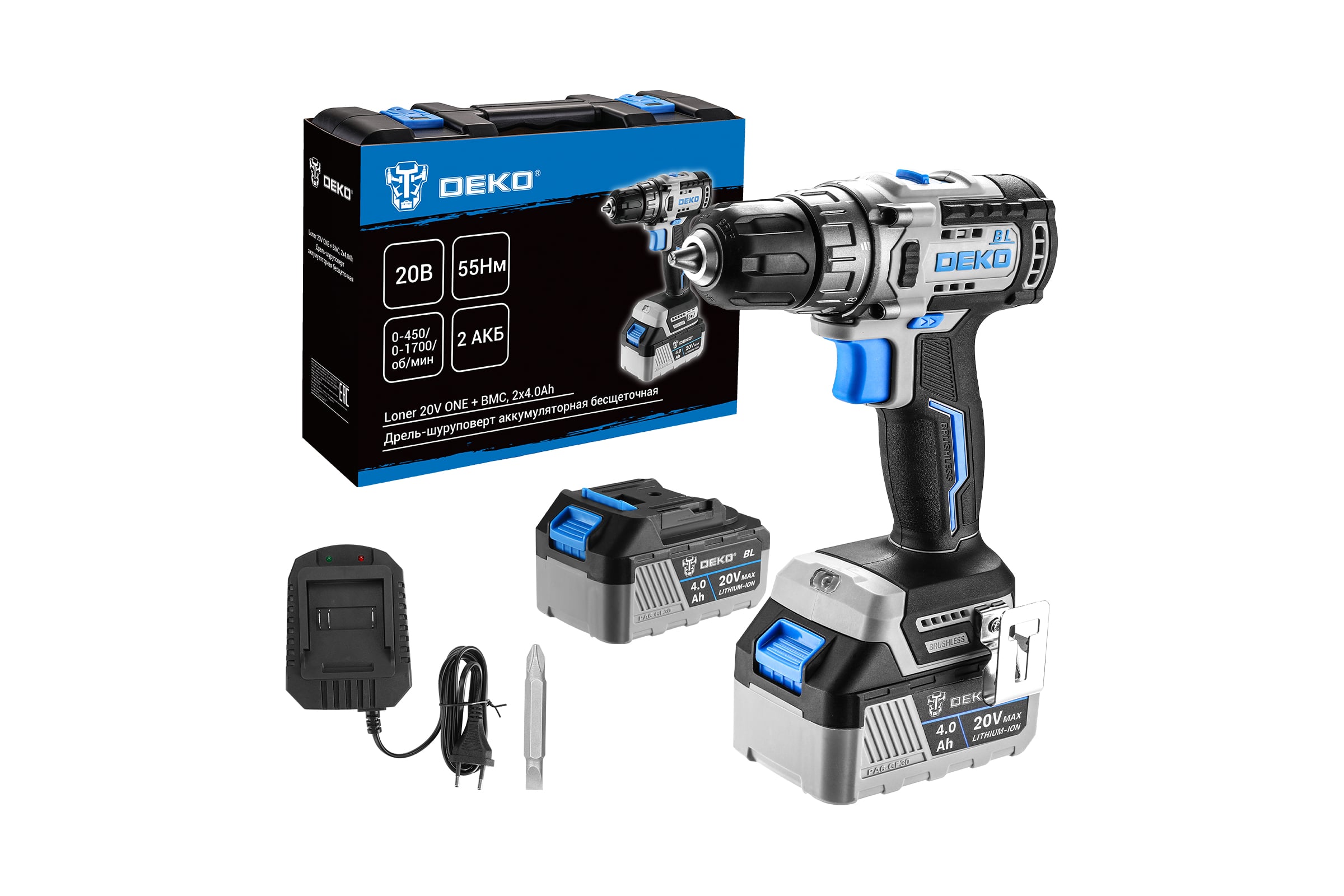 Дрель-шуруповертаккумуляторнаябесщеточнаяDEKOLoner20VONE+вкейсе,20В,2x4.0Ач085-1003