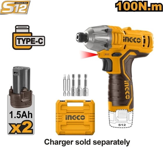 Аккумуляторный импульсный шуруповерт INGCO 12 В, 100 Нм, USB type-C CIRLI12015