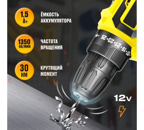 Дрель-шуруповерт GOODKING 92 предмета, от аккумулятора, 12 В, 20 Нм, 1 АКБ EC-1201092