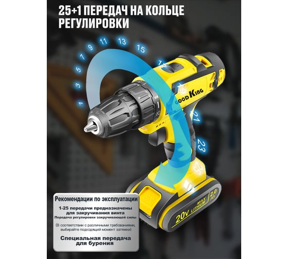Дрель-шуруповерт GOODKING от аккумулятора, 20 В, 30 Нм, 2 АКБ EC-2002013