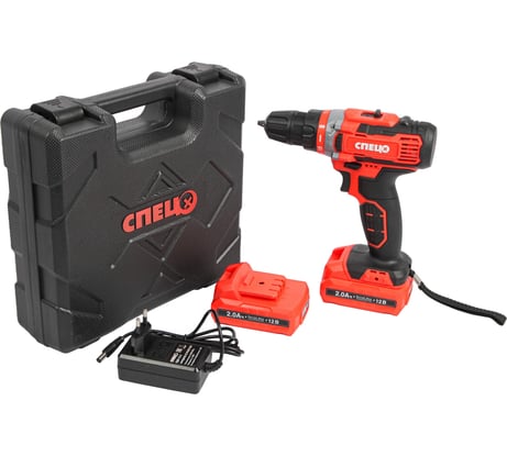Аккумуляторная дрель СПЕЦ БДА-12-2, 12 В, 2 аккумулятора, 2,0 Ач, Ли-Ион, 0-400/0-1500 об/мин, 27 Нм, реверс, регулировка момента, подсветка, зарядка 1 ч, кейс СПЕЦ-3370