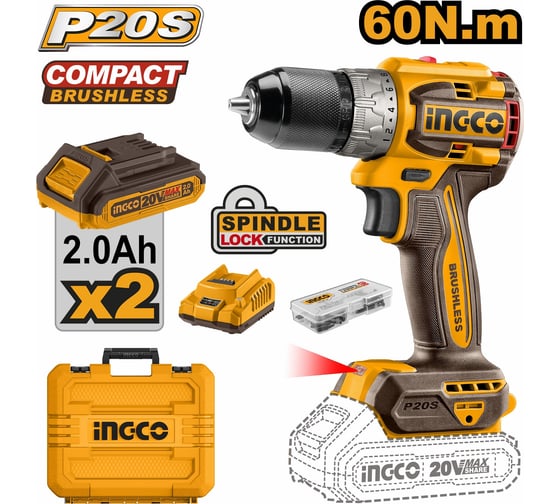 Аккумуляторный бесщеточный шуруповерт INGCO INDUSTRIAL 20B, 60 Нм Li-ion CDLI20602
