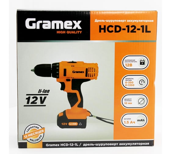 Дрель аккумуляторная Gramex HCD-12-1L (12В,пат-10мм, 2 скорости, аккум. Li, 1.5А/ч) картон, 1 акк (1/10) 014695