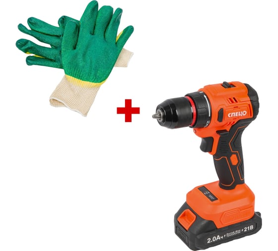 Дрель аккумуляторная Спец БДА-21-Б, (бесщеточный двигатель),21В,2аккум *2,0Ач, Ли-Ион, 0-450/0-1500об/мин,60Нм,реверс,21+1,рег..момента,металл.патрон 10мм,блок.шпинделя,инд.батареи,подсведка,зарядка 4ч,кейс + перчатки СПЕЦ-4131/И-8076-И 1