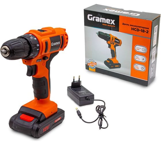 Дрель аккумуляторная Gramex HCD-18-2 (18В, пат-10мм, 2 скорости, аккум Li-Ion 2,0 А/ч) картон, 1 акк (1/10) 018146
