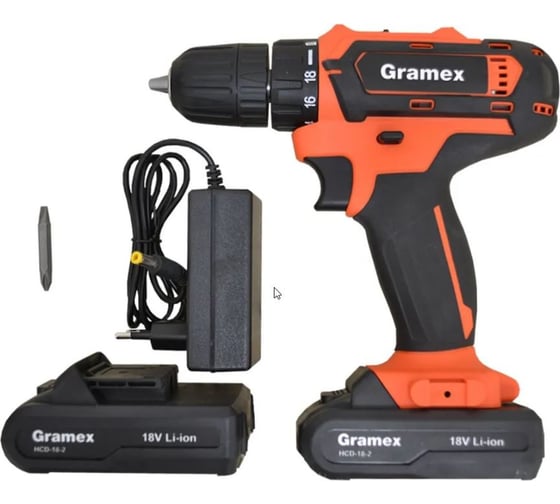 Дрель аккумуляторная Gramex HCD-18-2 (18В, пат-10мм, 2 скорости, аккум Li-Ion 2,0 А/ч) картон, 1 акк (1/10) 018146
