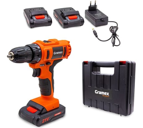 Аккумуляторная дрель Gramex HCD-21-2 (21В, пат-10мм, 2 скорости, аккум Li-Ion 2,0 А/ч) кейс, 2 акк (1/10) 018147
