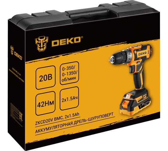 Аккумуляторная дрель-шуруповерт ZKCD20V в кейсе, 20В, 2x1.5Ач DEKO 084-1007