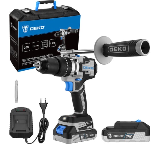 Дрель-шуруповерт аккумуляторная ударная бесщеточная DEKO ZKCD20V PRO Impact в кейсе, 20В, 135 Нм, 2x3.0Ач 084-1034