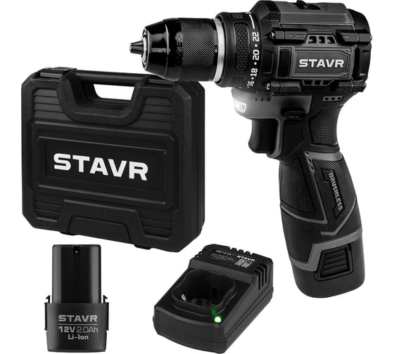 Аккумуляторная дрель-шуруповерт Ставр 12V, BL, 32/14 Нм, Stavr SDD 12BL-2K, БЗП 10мм металл, 0-400/1450 об/мин 9020100403