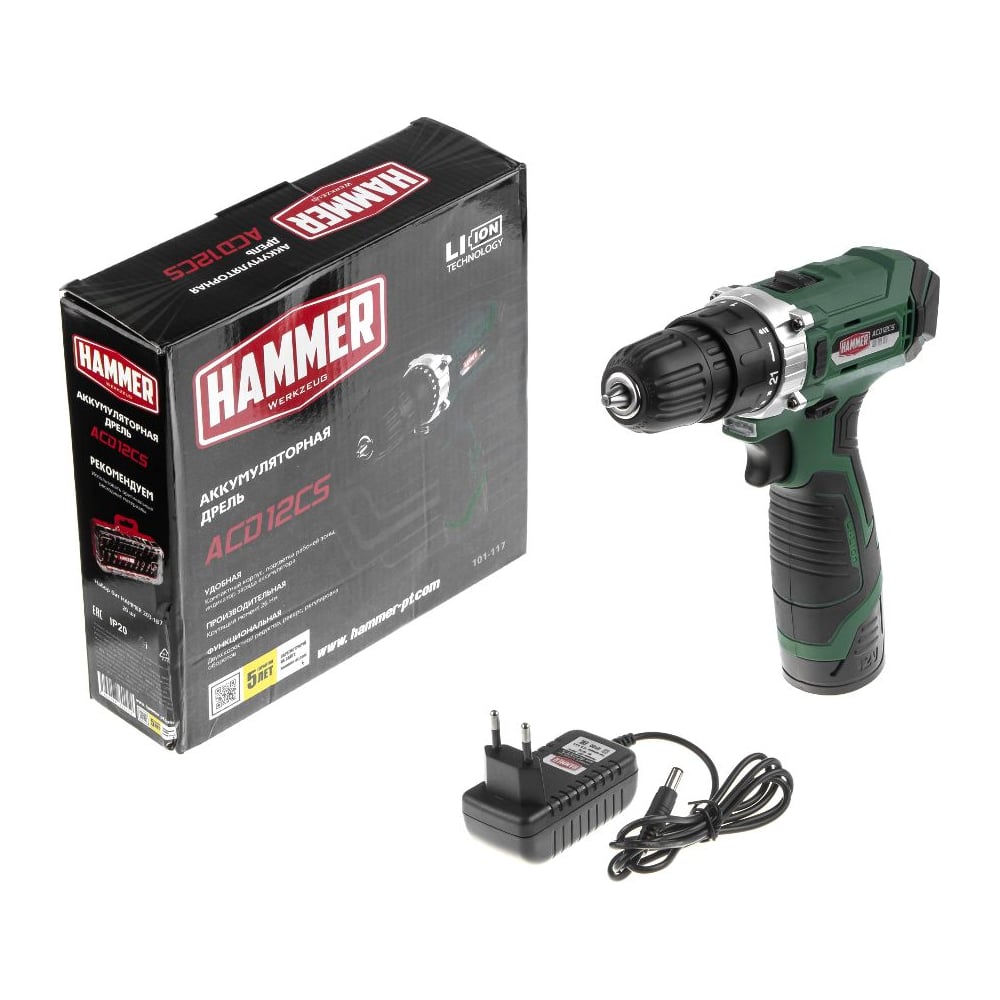 Аккумуляторная дрель-шуруповерт Hammer Flex 12 В, 1x1.5 Ач, Li-ION, 10 ...