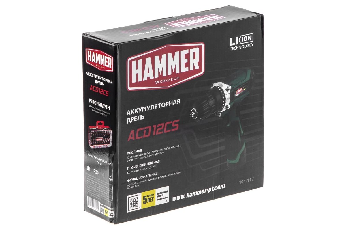 Аккумуляторная дрель-шуруповерт Hammer Flex 12 В, 1x1.5 Ач, Li-ION, 10 ...