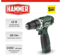 Аккумуляторная дрель-шуруповерт Hammer Flex 12 В, 1x1.5 Ач, Li-ION, 10 мм, 0-350/0-1400 об/мин, 26 Нм ACD12CS 645151