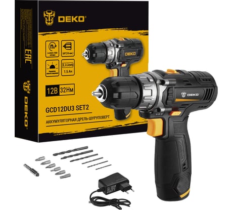 Аккумуляторная дрель-шуруповерт DEKO GCD12DU3 SET2 FU-Li-Ion + оснастка 13 шт, 12 В, 1х1.5 Ач, з/у 063-4146