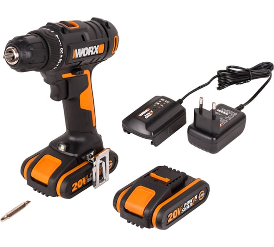 Дрель-шуруповерт аккумуляторная WORX 20В, 2Ач х2, ЗУ 0,4А, сумка WX100.2