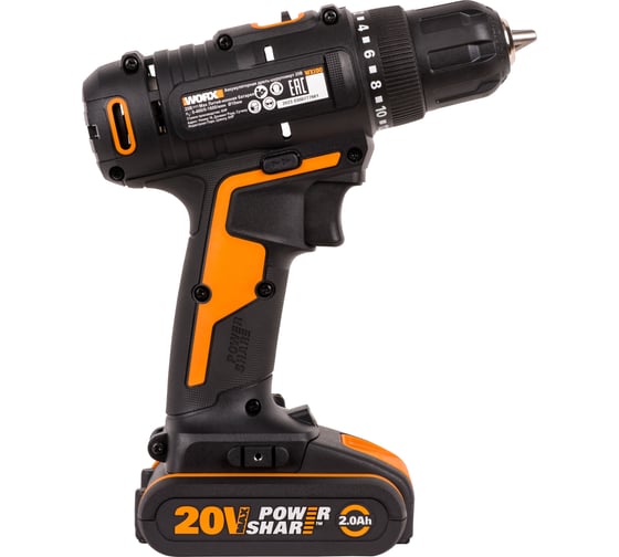 Дрель-шуруповерт аккумуляторная WORX 20В, 2Ач х2, ЗУ 0,4А, сумка WX100.2
