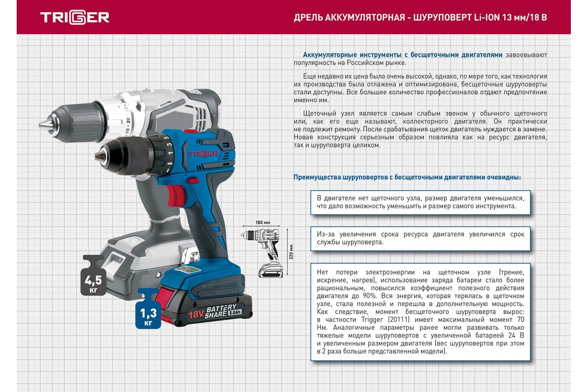Аккумуляторная бесщеточная дрель-шуруповерт ТРИГГЕР 20111 тов-199689