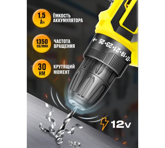 Дрель-шуруповерт GOODKING EC-1202195 128 предметов, от аккумулятора, 12 В, 20 Нм, 2 АКБ EC-1202128