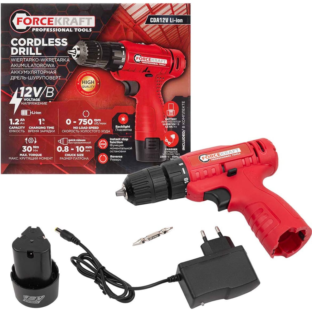 Дрель-шуруповертаккумуляторнаяForcekraft12V,1.2Ah,30Нм,патрон0.8-10ммFK-CDA12VLi-ion(61278)