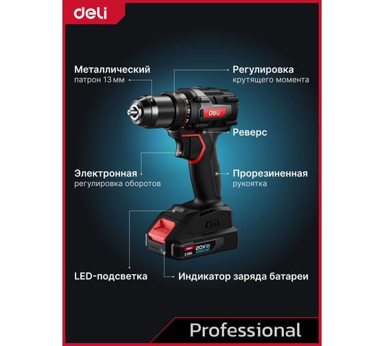 Дрель-шуруповерт аккумуляторная DELI DE-DZ20-2D2 (2 акб, 20В х 2Ач, ЗУ, патрон 13мм, 70Нм, сумка) 164327