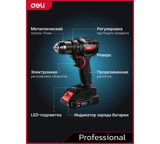 Дрель-шуруповерт аккумуляторная ударная DELI DE-CZ20-2D2 2 акб, 20В х 2Ач, ЗУ, 10мм, 50Нм, сумка 164330