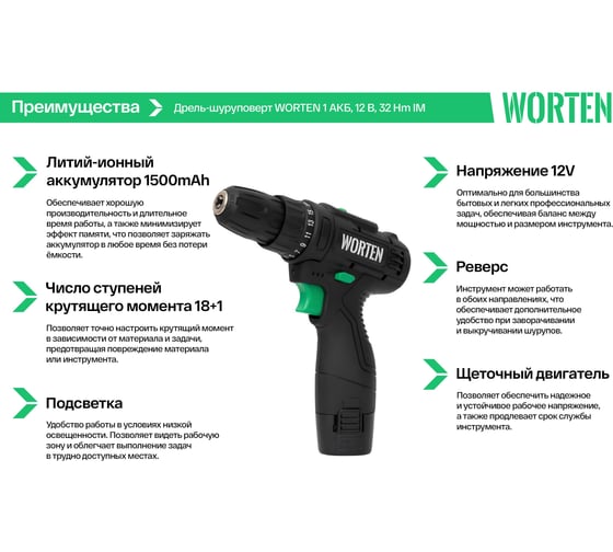 Аккумуляторная дрель-шуруповерт WORTEN 1АКБ, 12В, 1,5 Ач 32Hm КА-90000328
