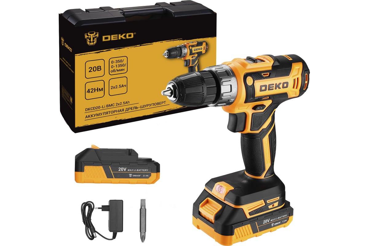 Дрель-шуруповерт аккумуляторная DEKO DKCD20-Li в кейсе, 20В, 2x2.5Ач ...