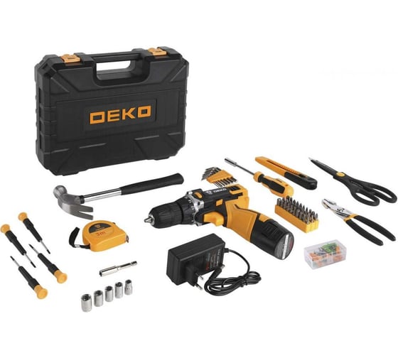 Аккумуляторная дрель DEKO DKCD12FU-Li в кейсе + набор инструментов для дома 104 шт, 12В, 1x2.0 Ач, 063-4112