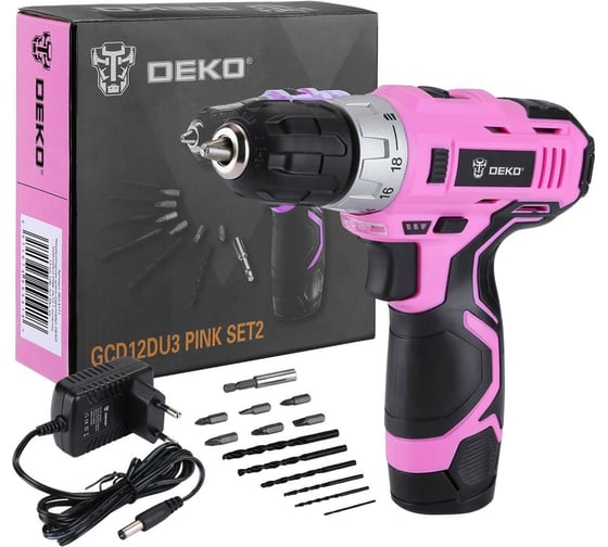 Аккумуляторная дрель-шуруповёрт DEKO GCD12DU3 PINK SET2 + оснастка 13 шт, 12В, 1х1.5Ач, з/у063-4171 063-4171
