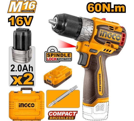 Аккумуляторный бесщеточный шуруповерт INDUSTRIAL 16 В 60 Нм 22+1 INGCO CDLI16682