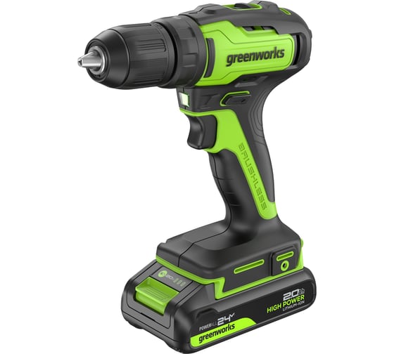 Бесщеточная дрель-шуруповерт GreenWorks GD24DD35, 24В, 29/35 Нм, 1x2Ач,ЗУ, 3704007VUA
