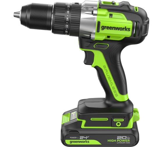 Дрель-шуруповерт ударная GreenWorks GD24DD60, 24V, б/щет, 0-450/0-1700 об/мин, 30/60Нм, 1x2Ач, ЗУ, кор 3704107VUA