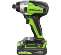 Винтоверт ударный GreenWorks GD24ID3, 24V, б/щет, 0-2800об/мин, 4000уд/мин, HEX 1/4", 300Нм, 3 режима, 1x2Ач, ЗУ, коробка 3802807VUA