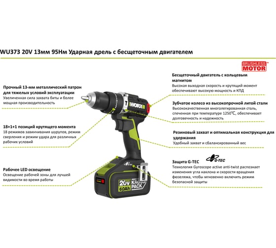 Аккумуляторная ударная дрель-шуруповерт WORX Professional WU373.91