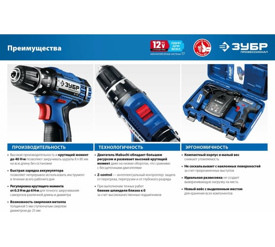 Дрель-шуруповерт ЗУБР Профессионал 12В + LED-фонарь, 2 АКБ 2Ач DL-121-22F 18