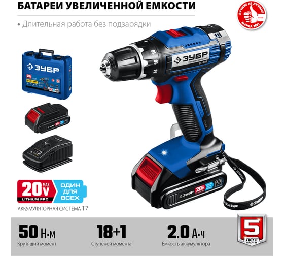 Дрель-шуруповерт ЗУБР Профессионал 20В, 2 АКБ 2Ач, в кейсе DL-201-22
