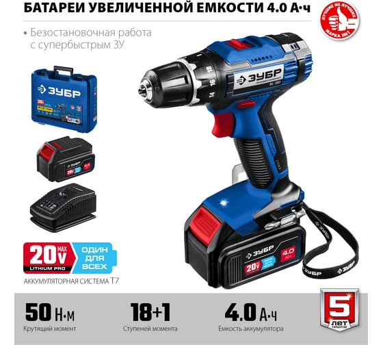 Дрель-шуруповерт ЗУБР Профессионал 20В, 2 АКБ 4Ач, в кейсе DL-201-42