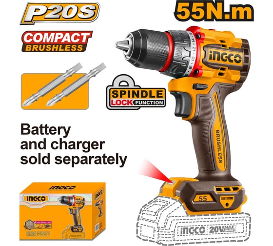 Бесщеточный шуруповерт INGCO 55 Нм 20В, б/щ INDUSTRIAL CDLI205581